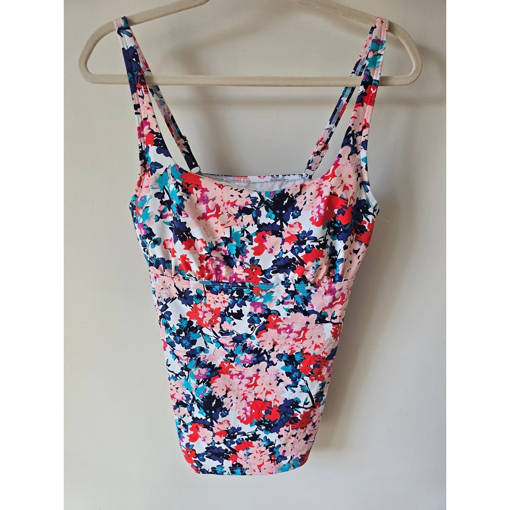 Lands End Womens Floral Tankini Top Pink Blue Square Neck Adjustable Straps 10L